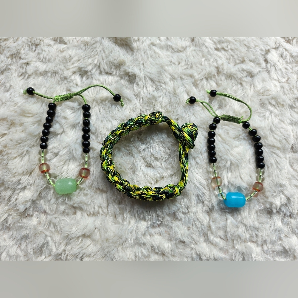 Paracord Rope & Bead Bracelets, Lot of 3, Neon Yellow Green, Black, Blue, Unisex